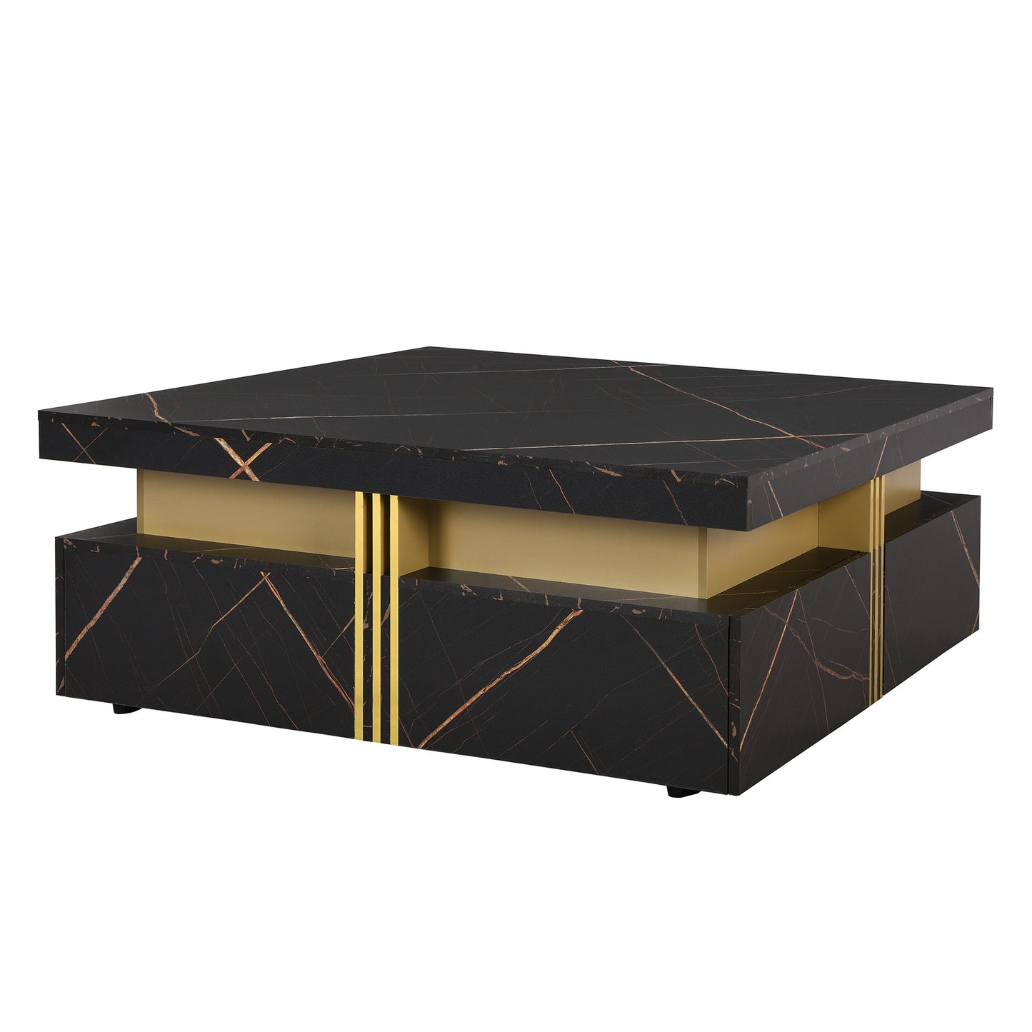 Contemporary Square Black Coffee Table with Gold Accents and Storage Drawers