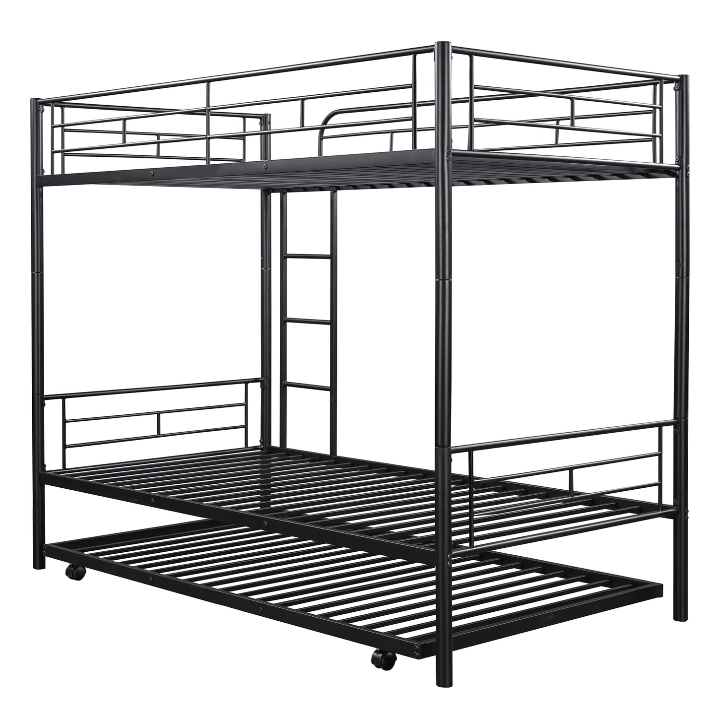 Metal Bunk Bed with Twin Trundle, Convertible Twin-Over-Twin, Black