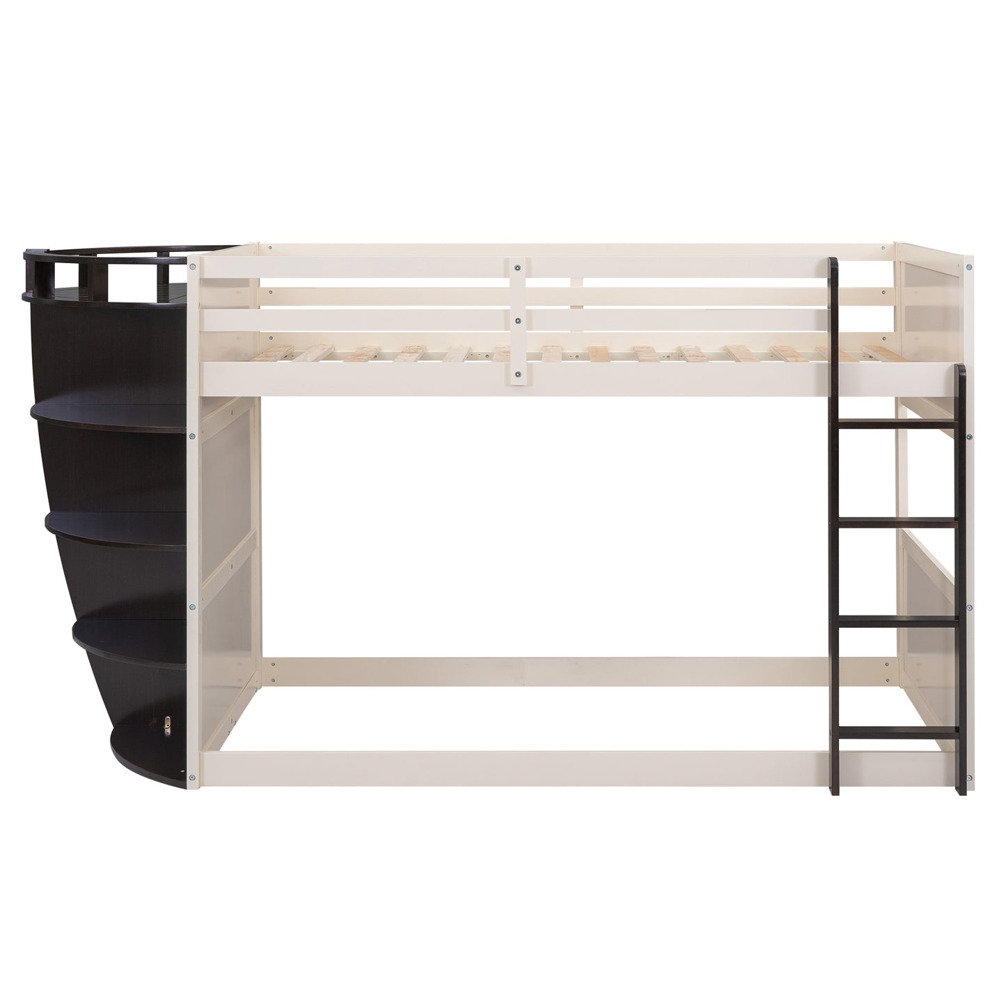 Boat-Themed Bunk Bed with Storage Shelves, Cream+Espresso