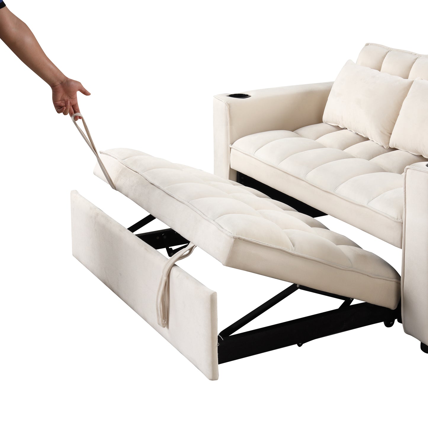 55.3 Multi-functional Sofa Bed with Cup Holder and USB Port for Living Room in Milky White