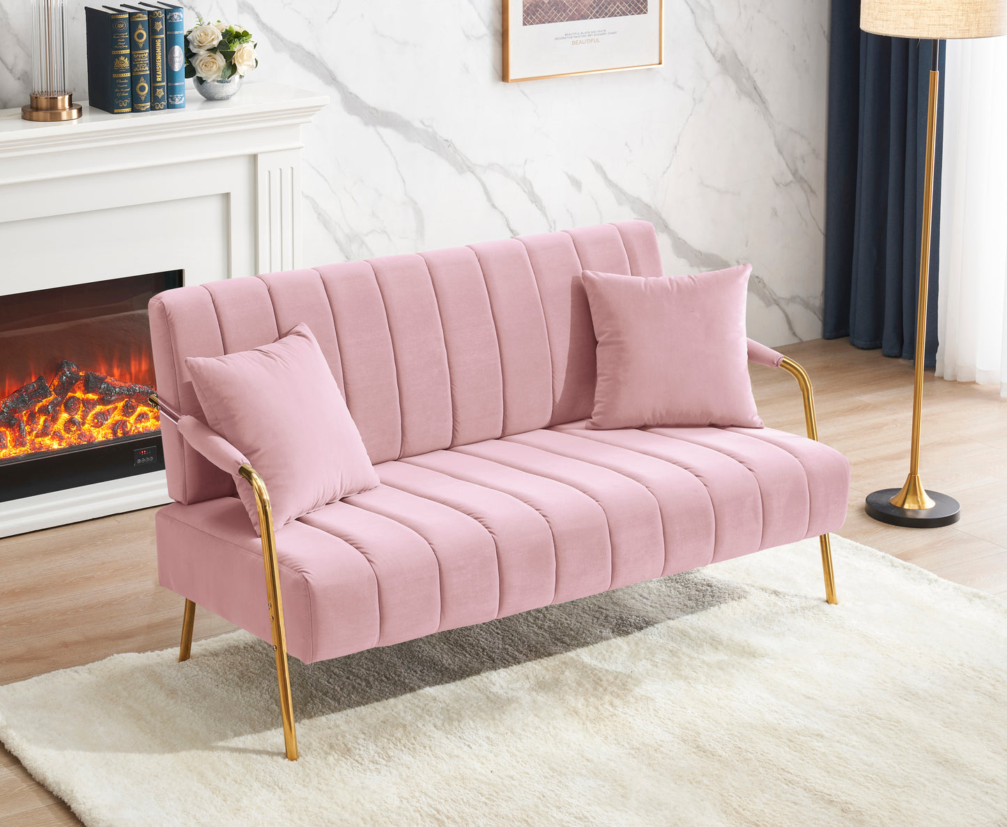 [New Design] Modern and comfortable pink Australian cashmere fabric sofa, comfortable loveseat with two throw pillows