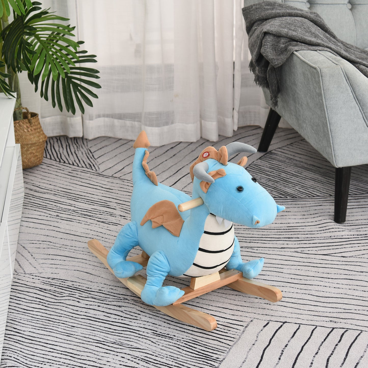 Kids Plush Ride-On Rocking Horse Toy Dinosaur Ride Rocking Chair with Realistic Sounds for18-36 Months, Blue