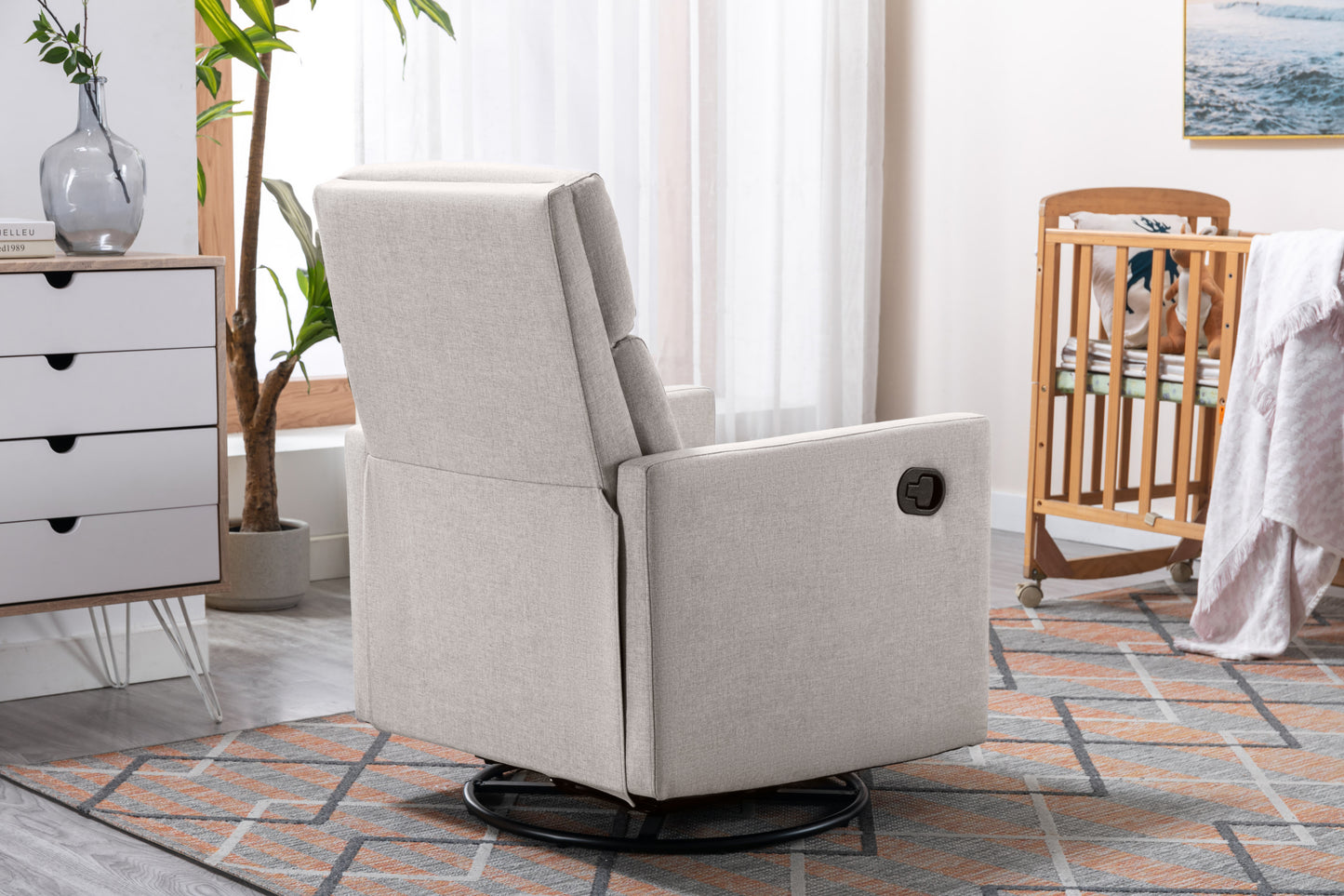 Modern Tan Upholstered Nursery Rocker Chair with Swivel Recliner