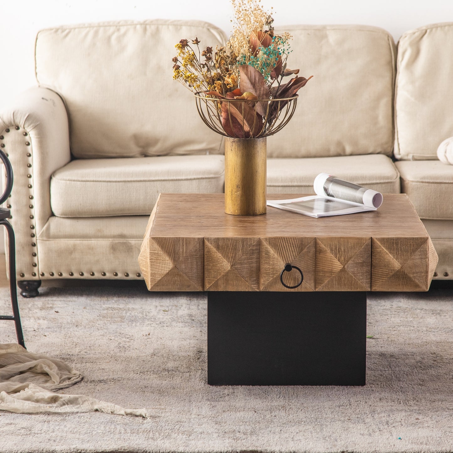 Square Vintage Coffee Table with 3D Embossed Pattern, Drawers, and Solid Wood Base