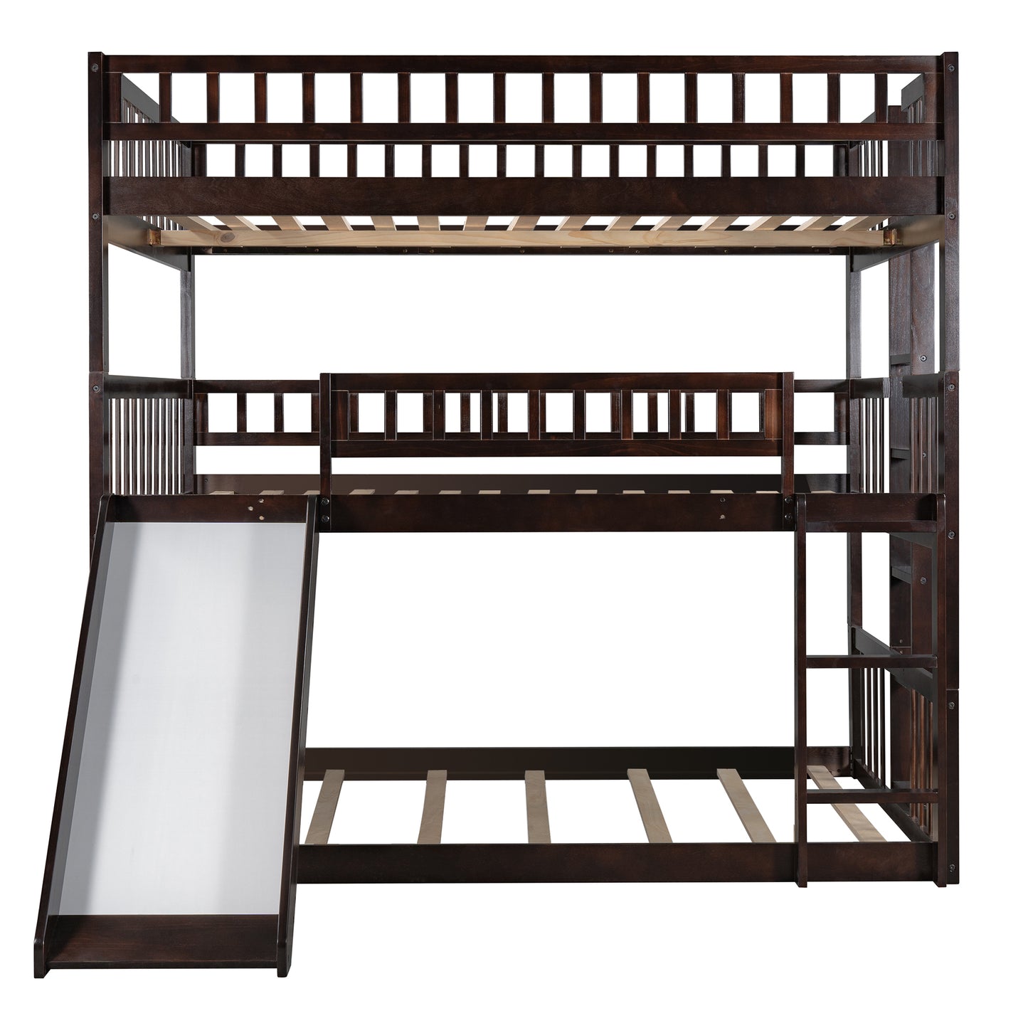 Espresso Full Triple Bunk Bed with Slide and Convertible Built-in Ladder