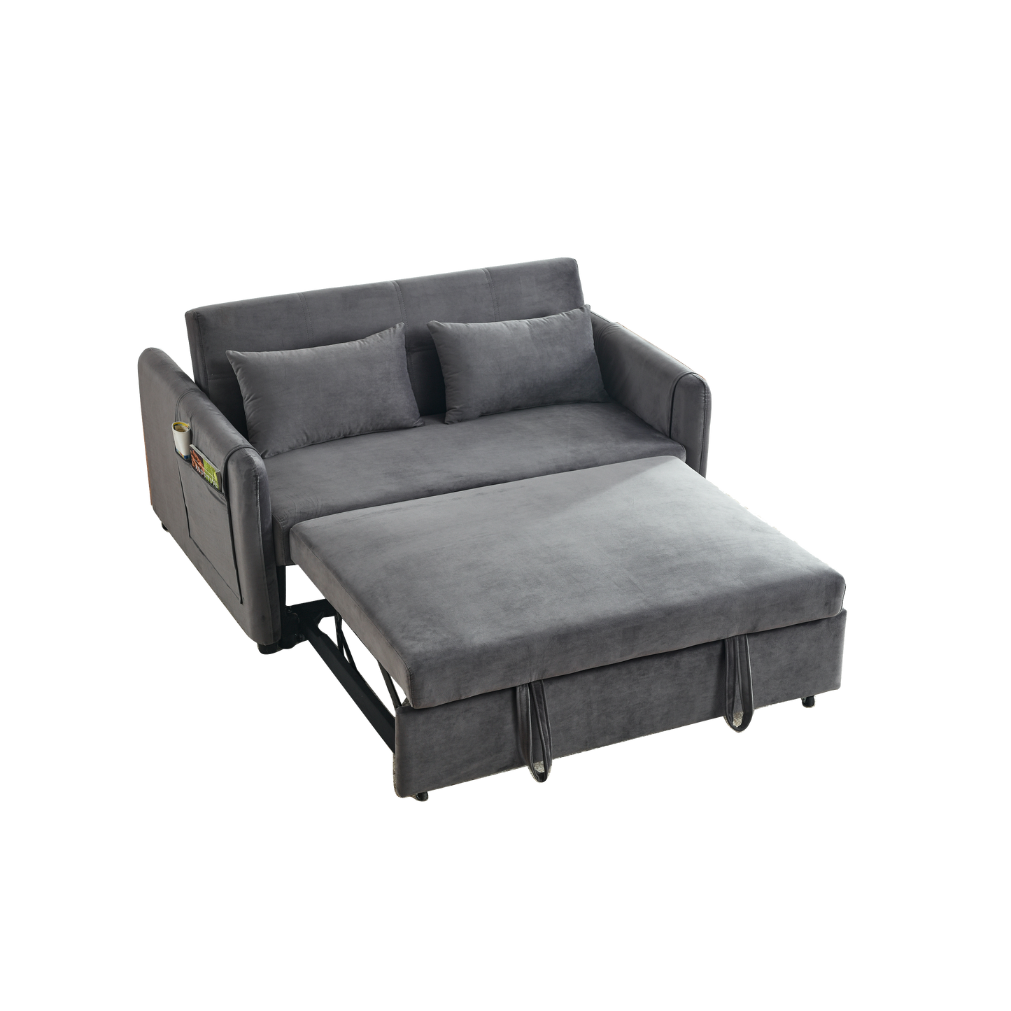 Convertible Sofa Bed, 3-in-1 Versatile Velvet Double Sofa with Pullout Bed, Seat with Adjustable Backrest, Lumbar Pillows, and Living Room Side Pockets, 54 Inch, Grey