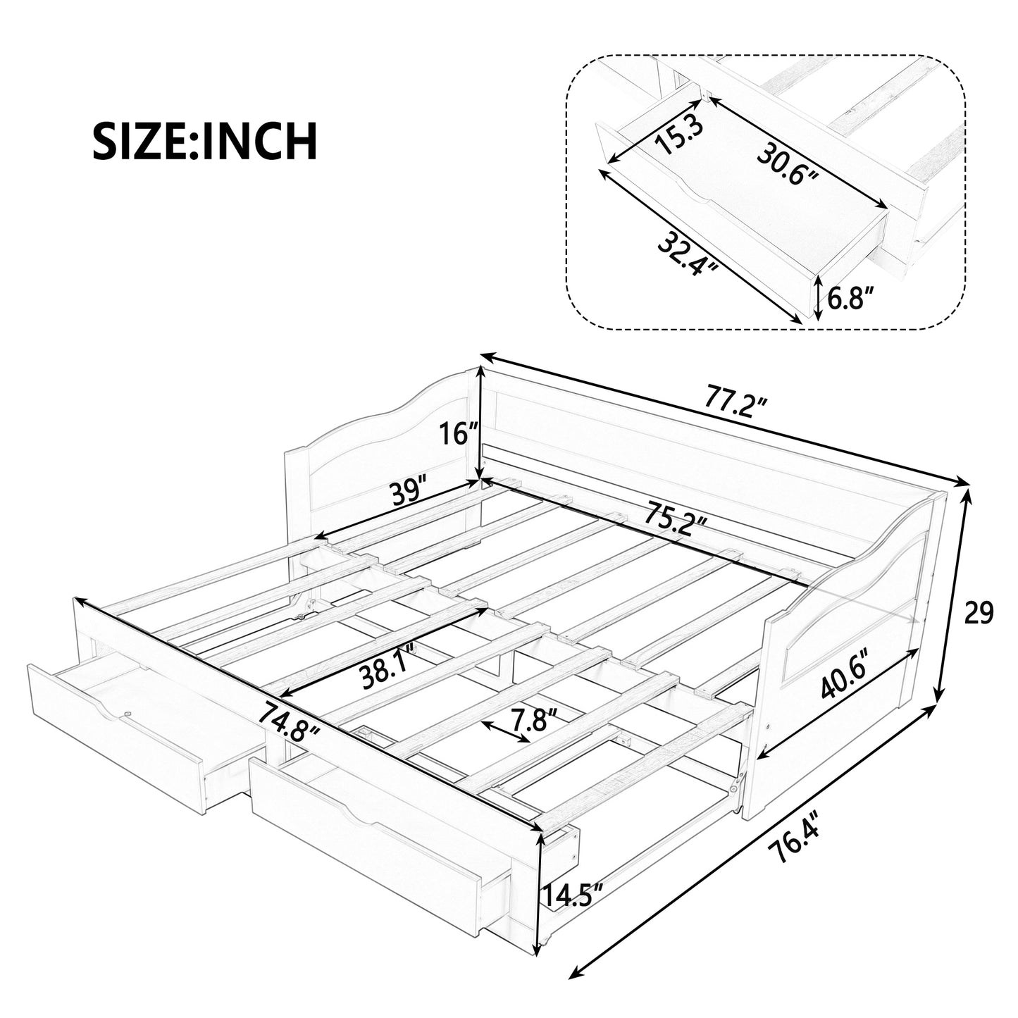 Wooden Daybed with Trundle Bed and Two Storage Drawers , Extendable Bed Daybed,Sofa Bed with Two Drawers, Espresso