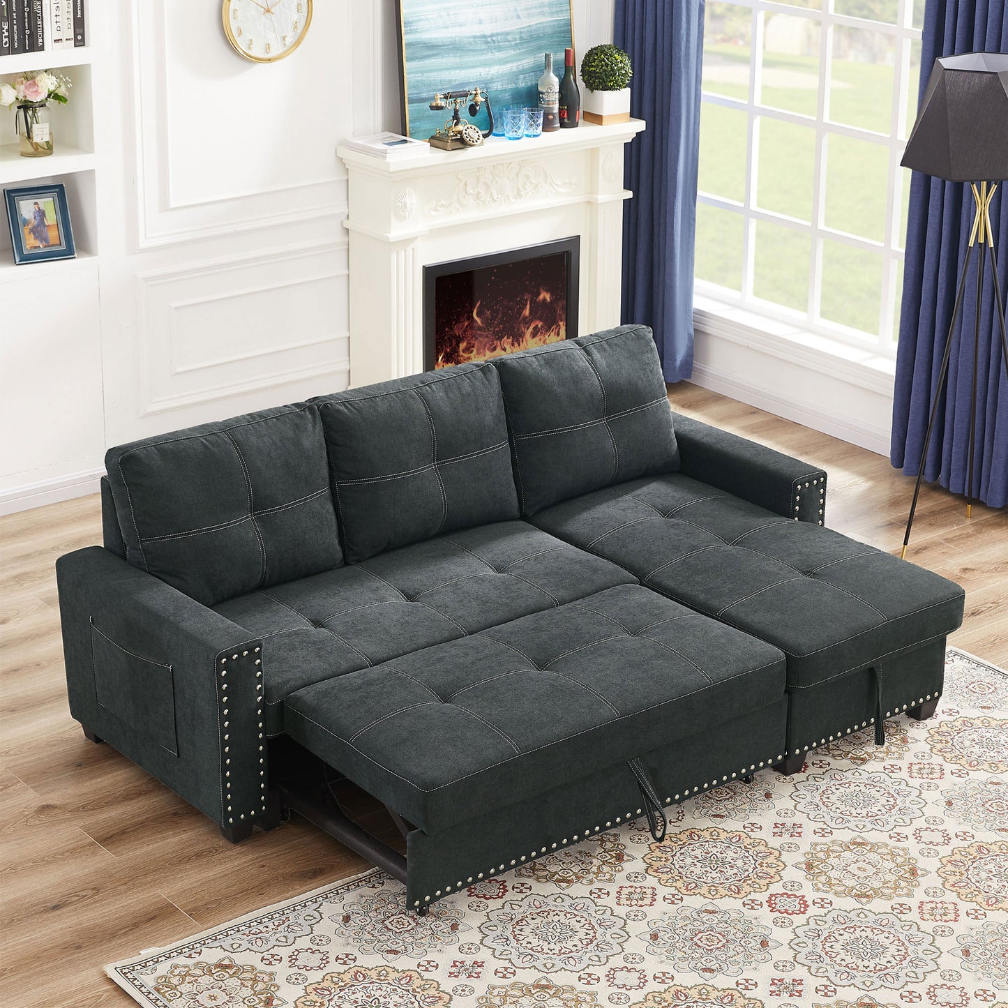 Sleeper Sofa Sectional with Reversible Storage Chaise and Side Storage Bag, Black Fabric, Modern Design