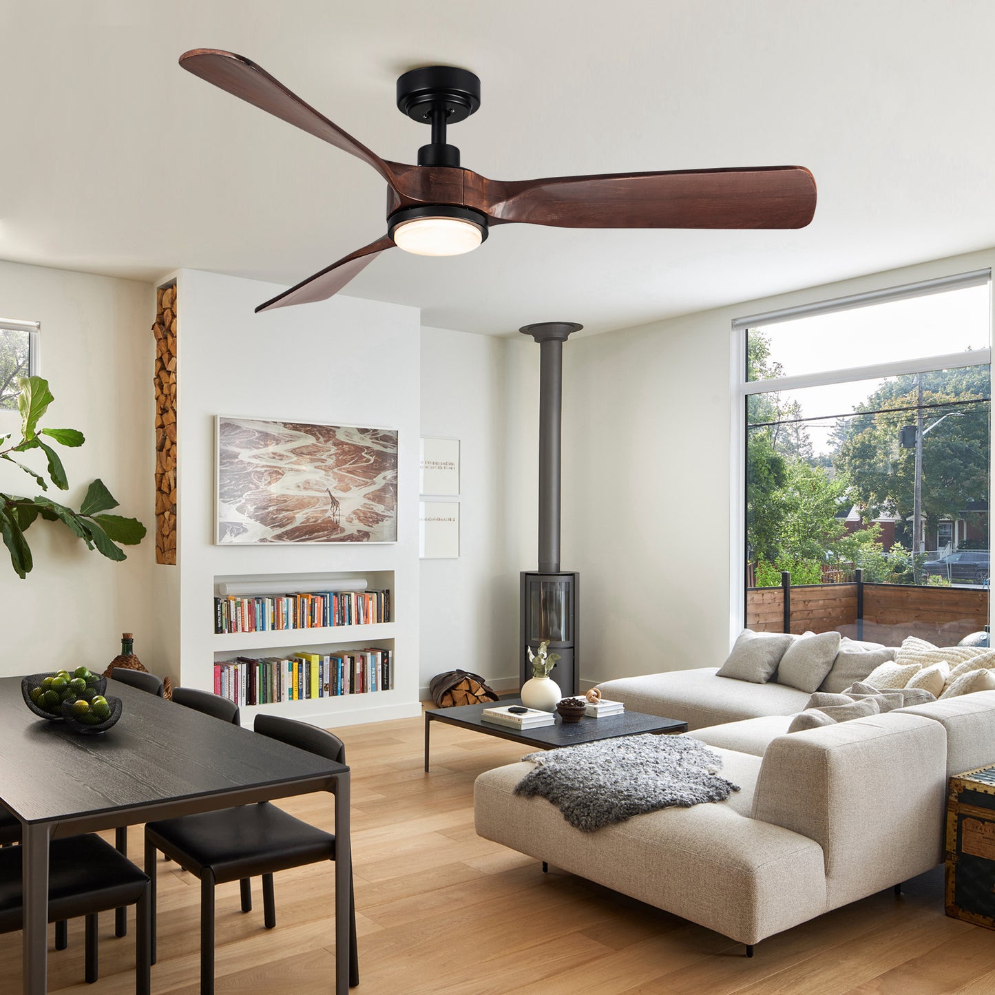 52-inch Dark Brown Wood Ceiling Fan with LED Light Kit and Remote Control