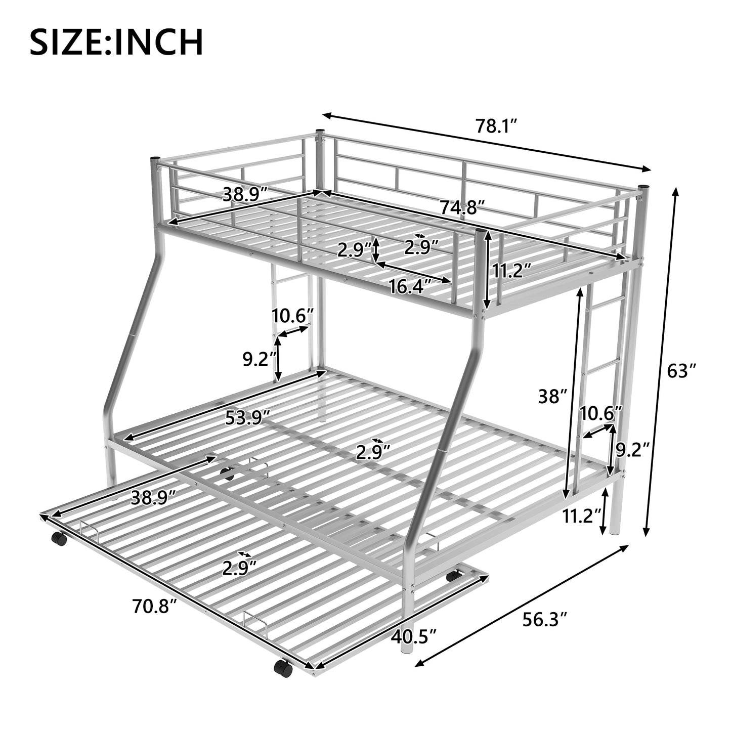 Silver Steel Bunk Bed Set with Twin Trundle and Two-Side Ladders