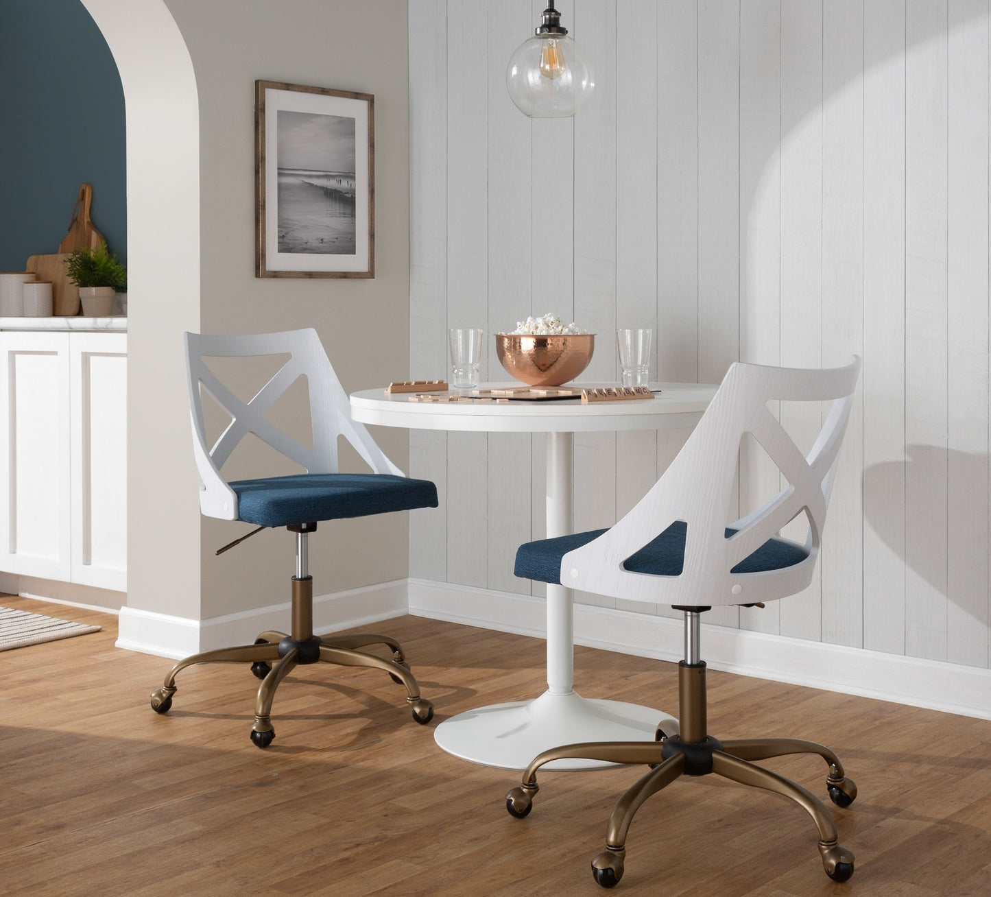 Charlotte Farmhouse Task Chair in Antique Copper Metal, White Textured Wood, and Blue Fabric by LumiSource