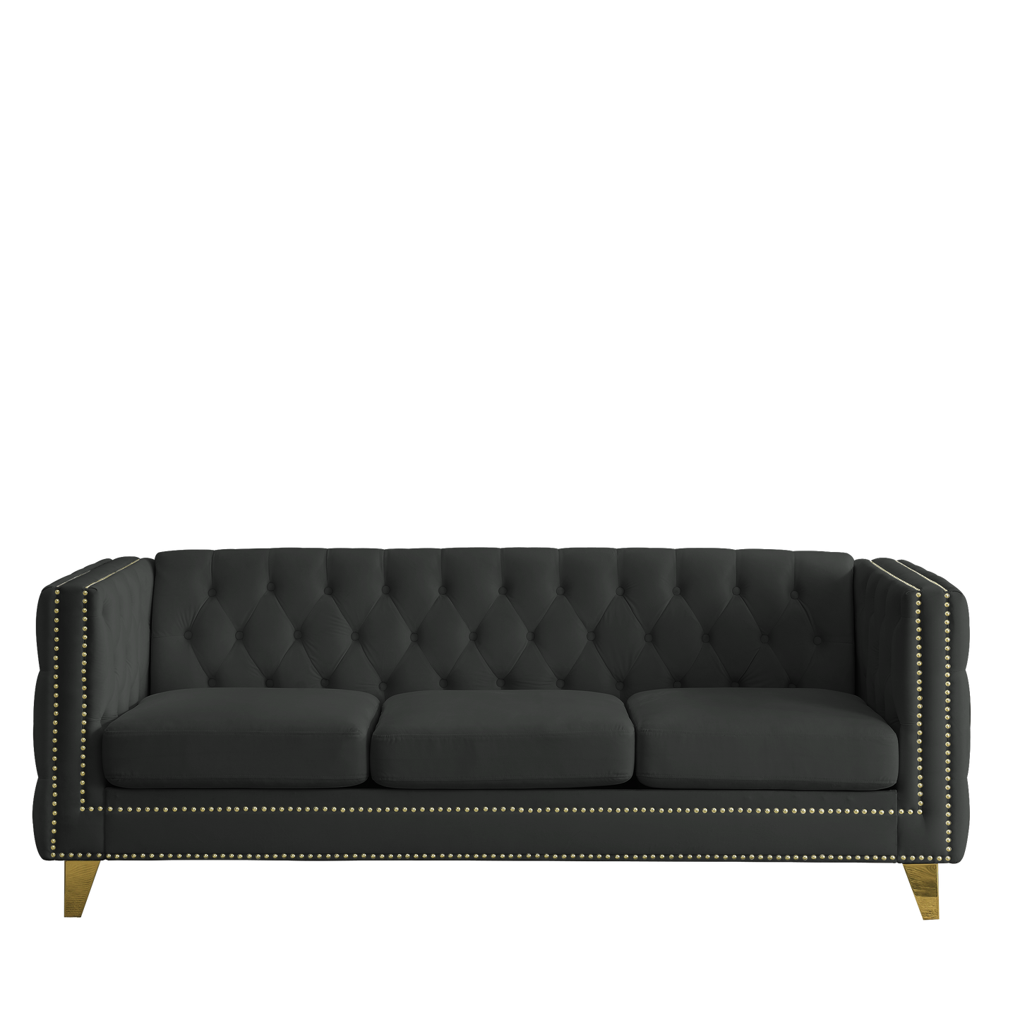 Velvet Sofa for Living Room,Buttons Tufted Square Arm Couch, Modern Couch Upholstered Button and Metal Legs, Sofa Couch for Bedroom, Black Velvet ,2PCS