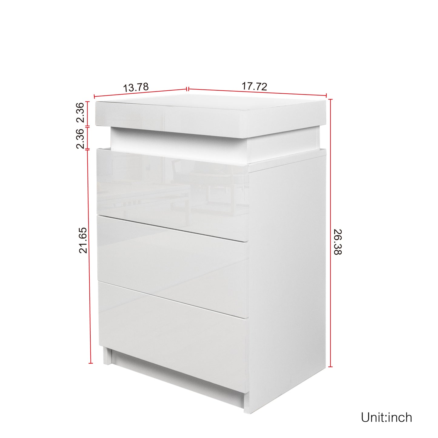 Sleek White High Gloss Nightstand with LED Lights and 3 Spacious Drawers