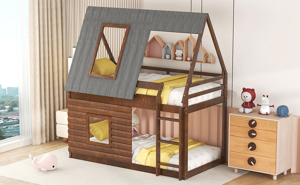 Cozy Rustic Oak and Smoky Grey House Bunk Bed with Roof, Ladder, and Windows for Kids