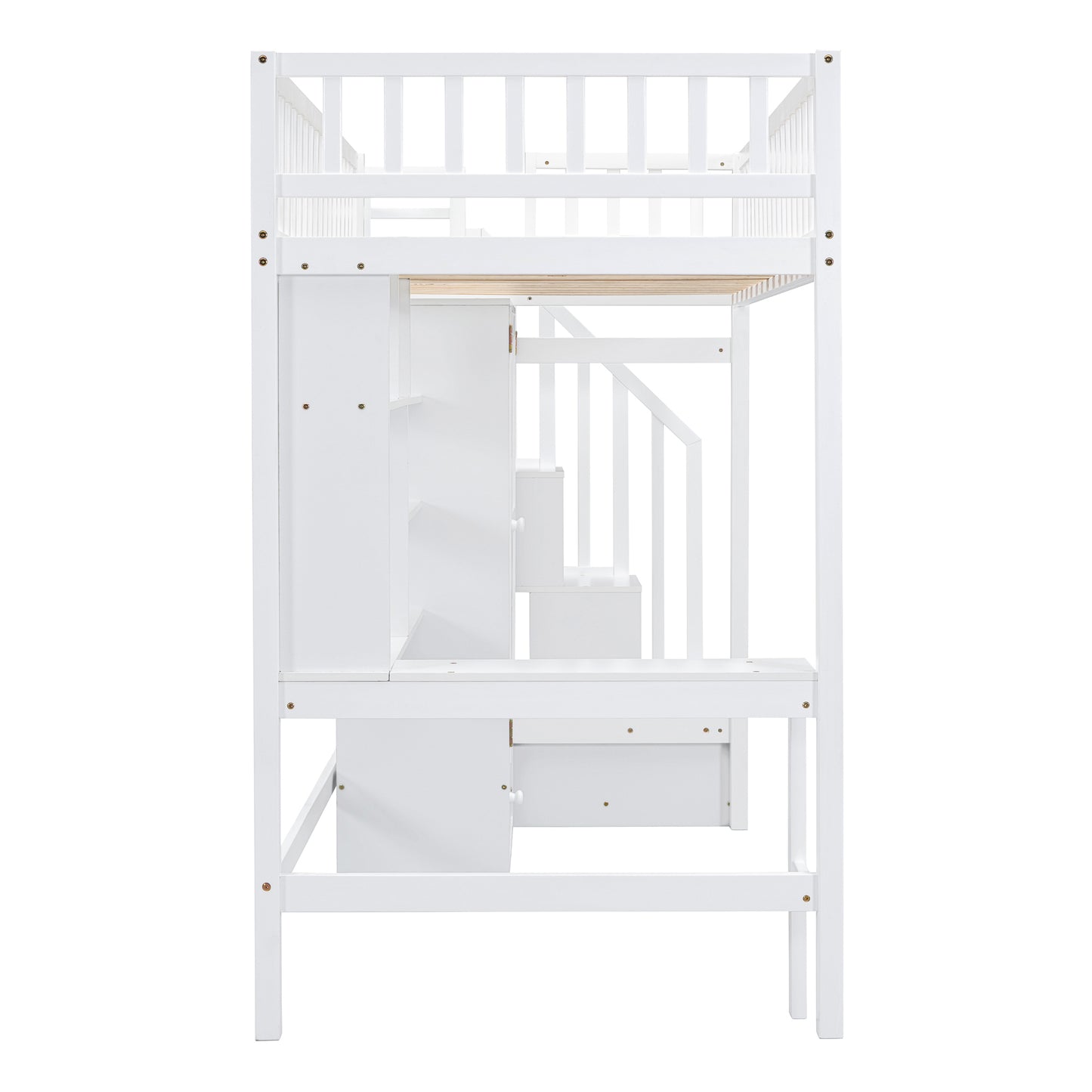 Twin size Loft Bed with Bookshelf,Drawers,Desk,and Wardrobe-White