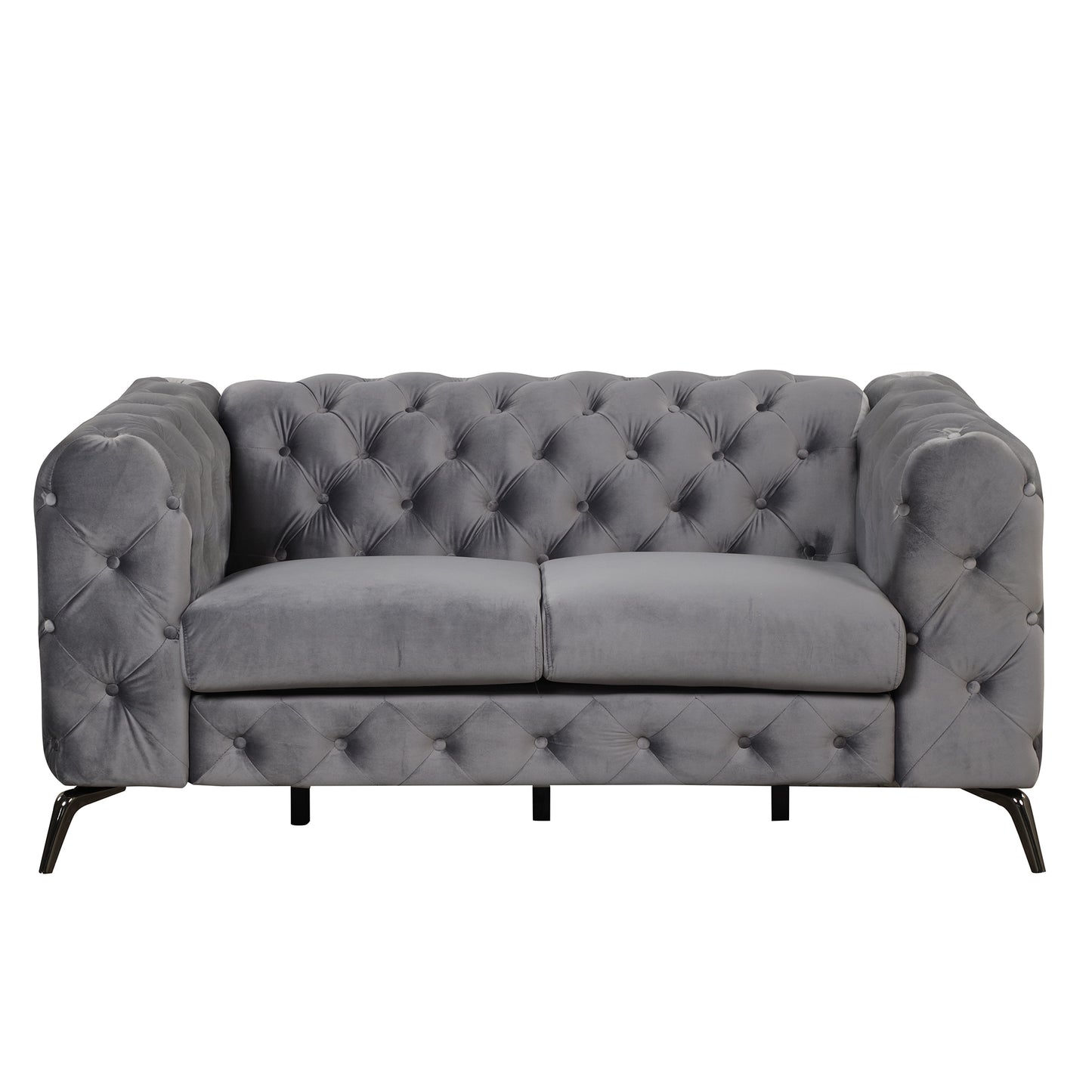 63-Inch Gray Velvet Loveseat Sofa with Button Tufted Back and Metal Legs