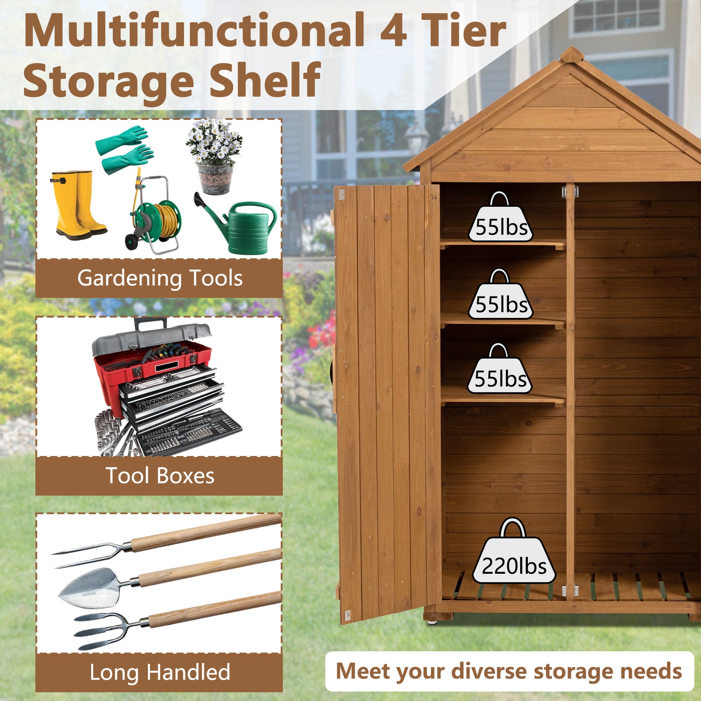 Outdoor Storage Cabinet, Garden Wood Tool Shed, Outside Wooden Shed Closet with Shelves and Latch for Yard 39.56"x 22.04"x 68.89"