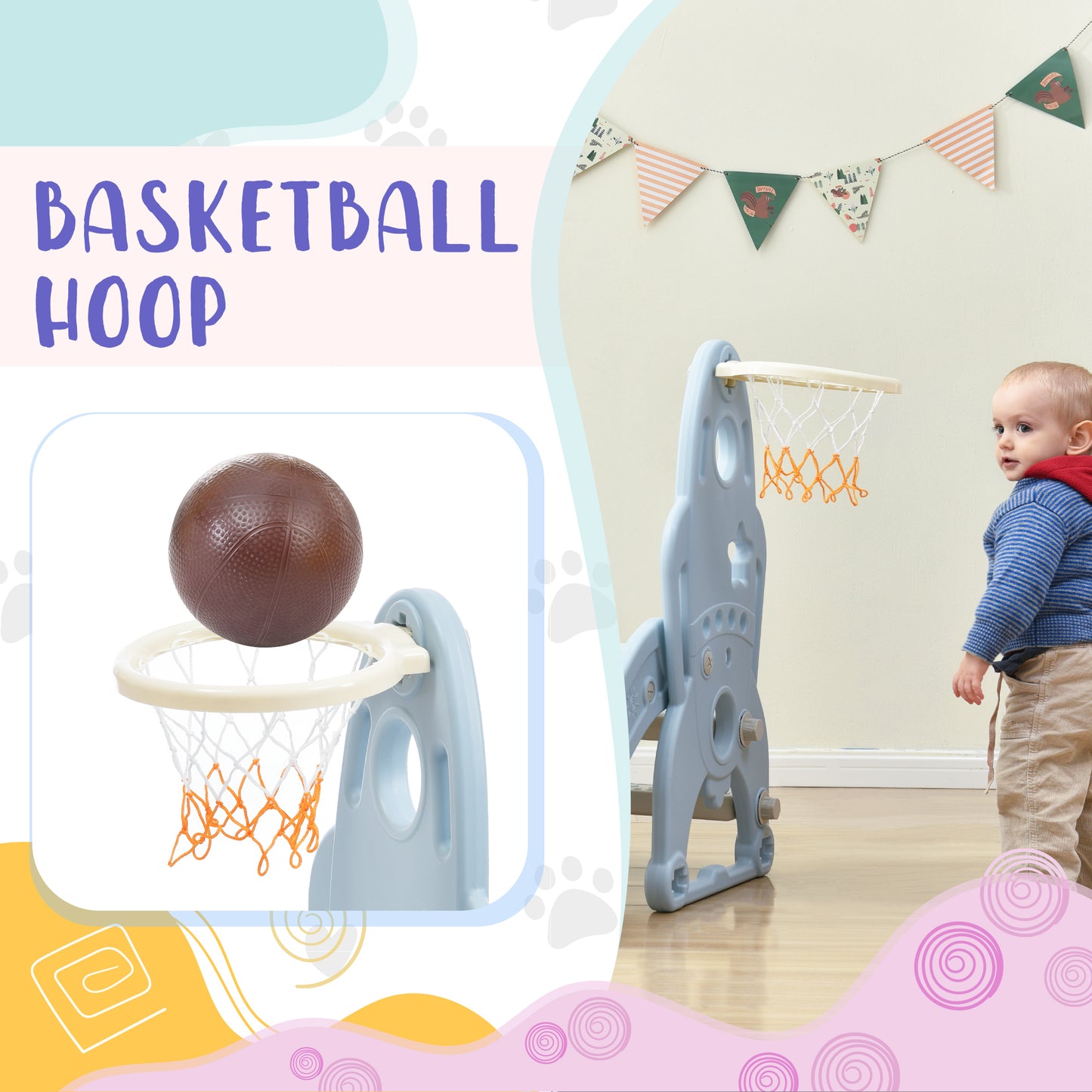 3-in-1 Toddler Slide, Swing, and Basketball Hoop Playset for Indoor & Outdoor