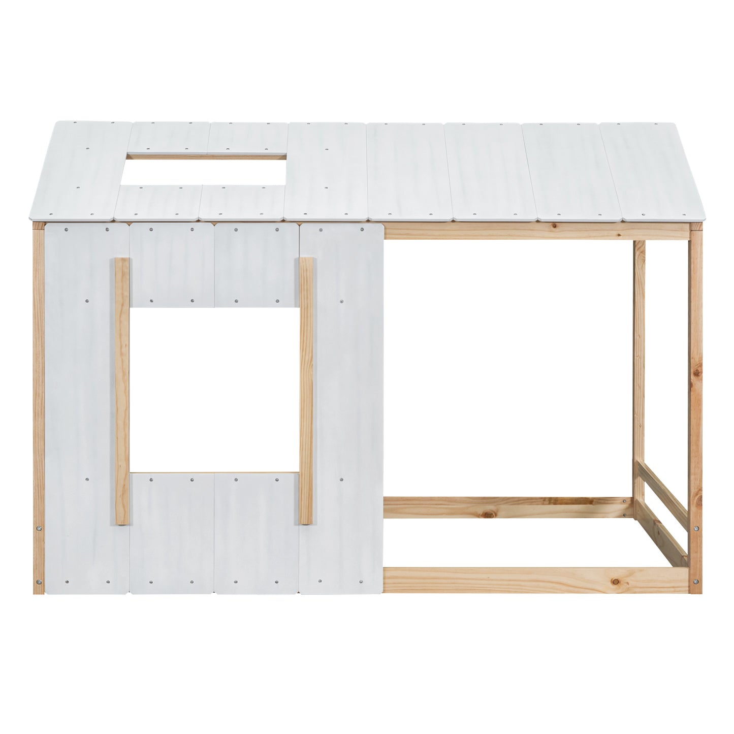 Twin Size House Platform with Roof and Window , White+Natural