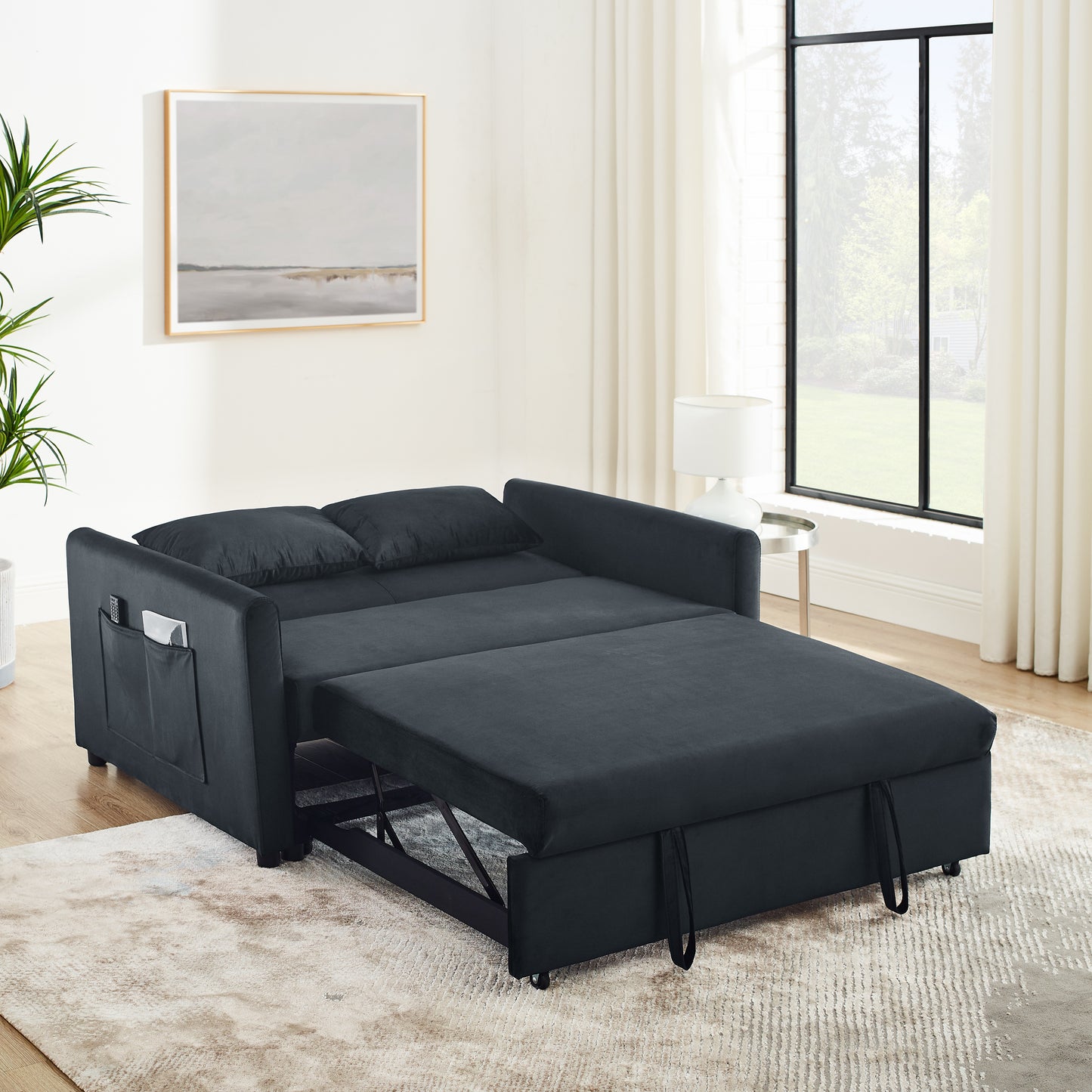 Convertible Sofa Bed, 3-in-1 Versatile Velvet Double Sofa with Pullout Bed, Seat with Adjustable Backrest, Lumbar Pillows, and Living Room Side Pockets, 54 Inch, Black