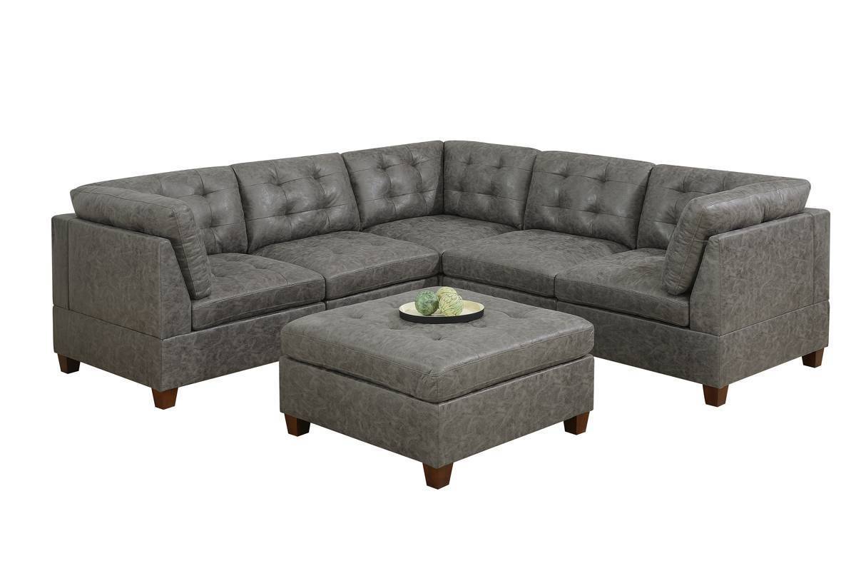 Antique Grey Leatherette Modular Sectional Sofa Set with 6 Pieces