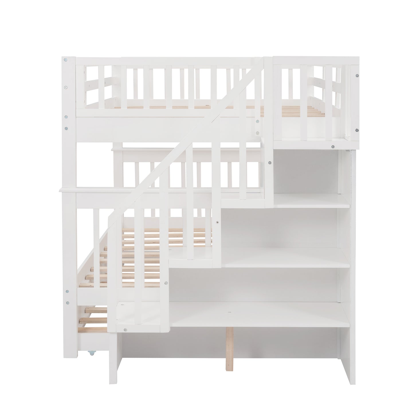 Stairway Full-Over-Full Bunk Bed with Twin Trundle, Storage and Guard Rail - White Oasis for Bedroom