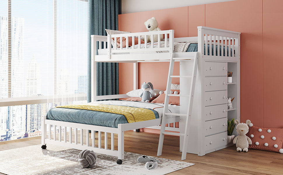 White Wooden Bunk Bed with Storage Drawers and Flexible Shelves, Twin Over Full Size Bed on Wheels