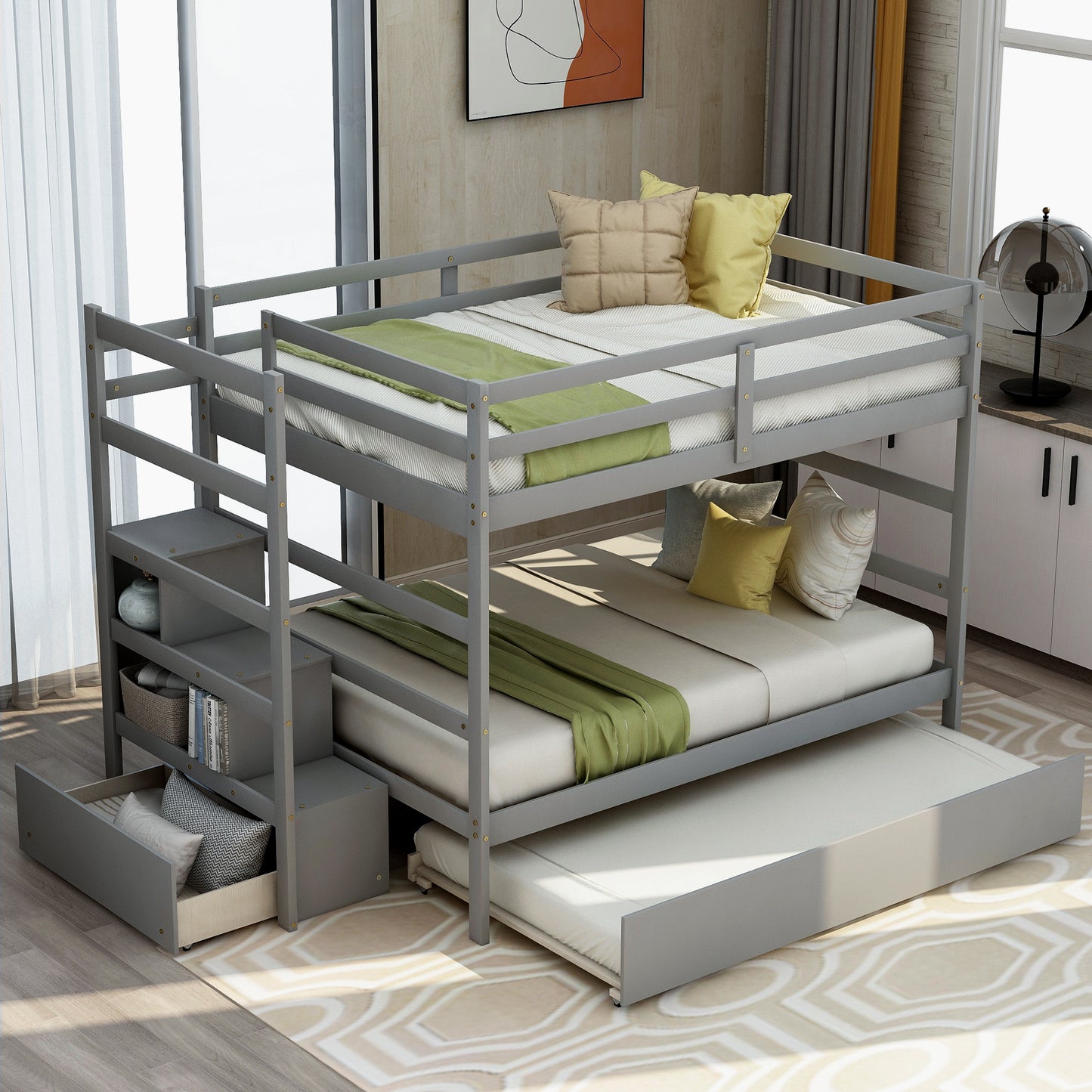 Stairway Full-Over-Full Bunk Bed with Twin Size Trundle and Drawer in Gray