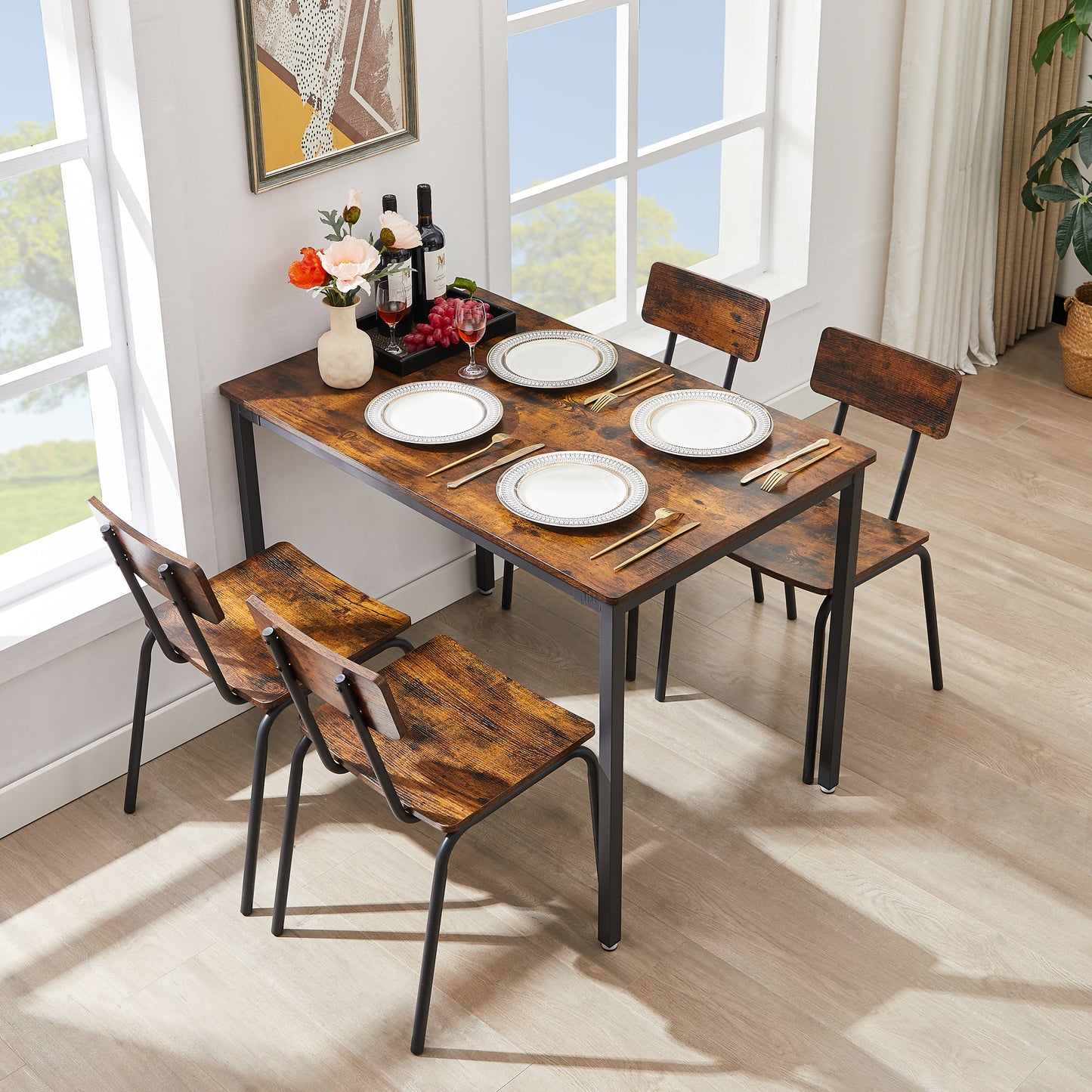 Dining table and chair set with 4 chairs with curved back and cushions, Rustic Brown, 43.3'' L x 27.6'' W x 30.3'' H