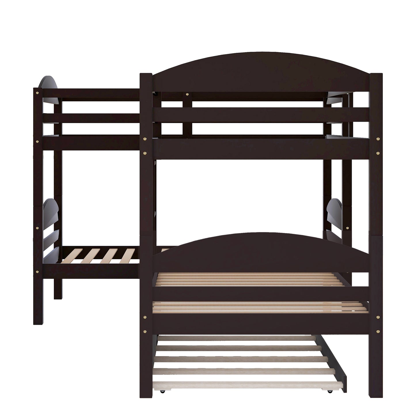 L-Shaped Bunk Bed with Trundle in Espresso Finish - Space-Saving Twin Bed Set for Families and Sleepovers