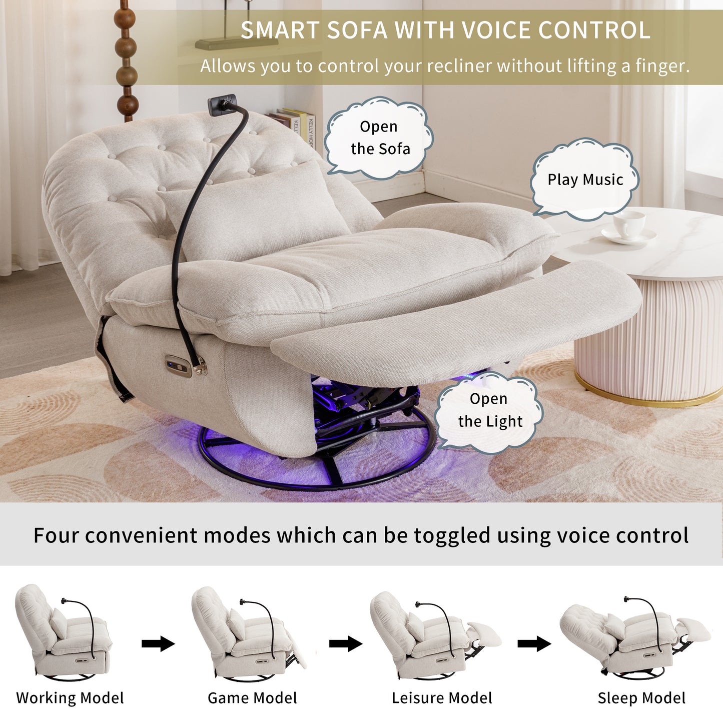 Smart Beige Power Recliner with Swivel, Voice Control, Bluetooth, USB Ports, Atmosphere Lamp, and Mobile Phone Holder