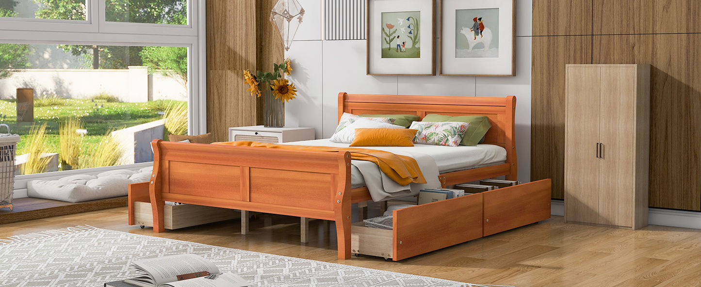 Queen Size Wood Platform Bed with 4 Drawers and Streamlined Headboard & Footboard, Oak