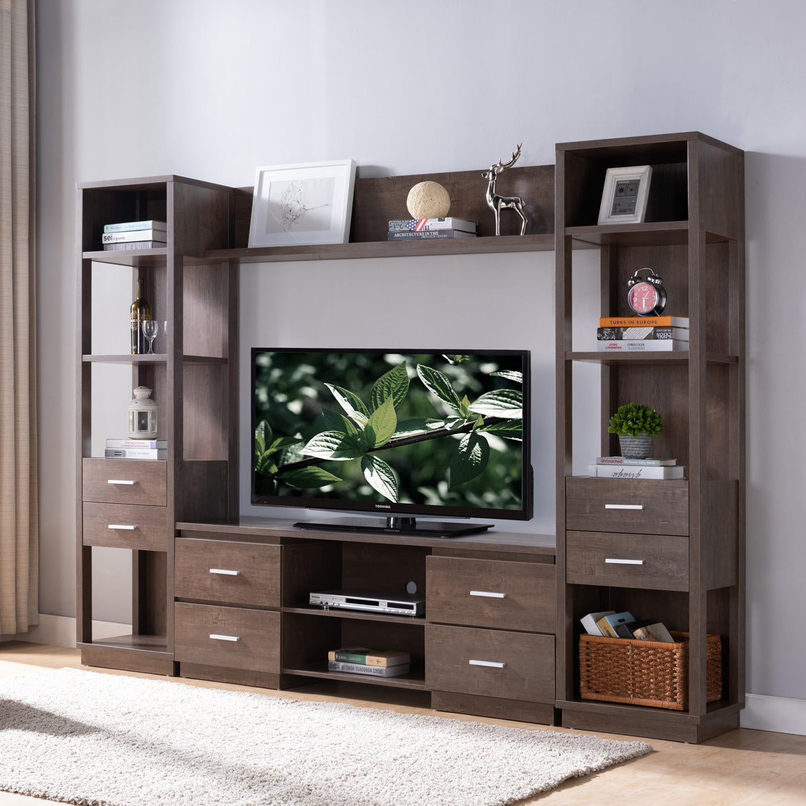 Red Cocoa TV Stand with Drawers, Shelves, and Aluminum Bar Handles