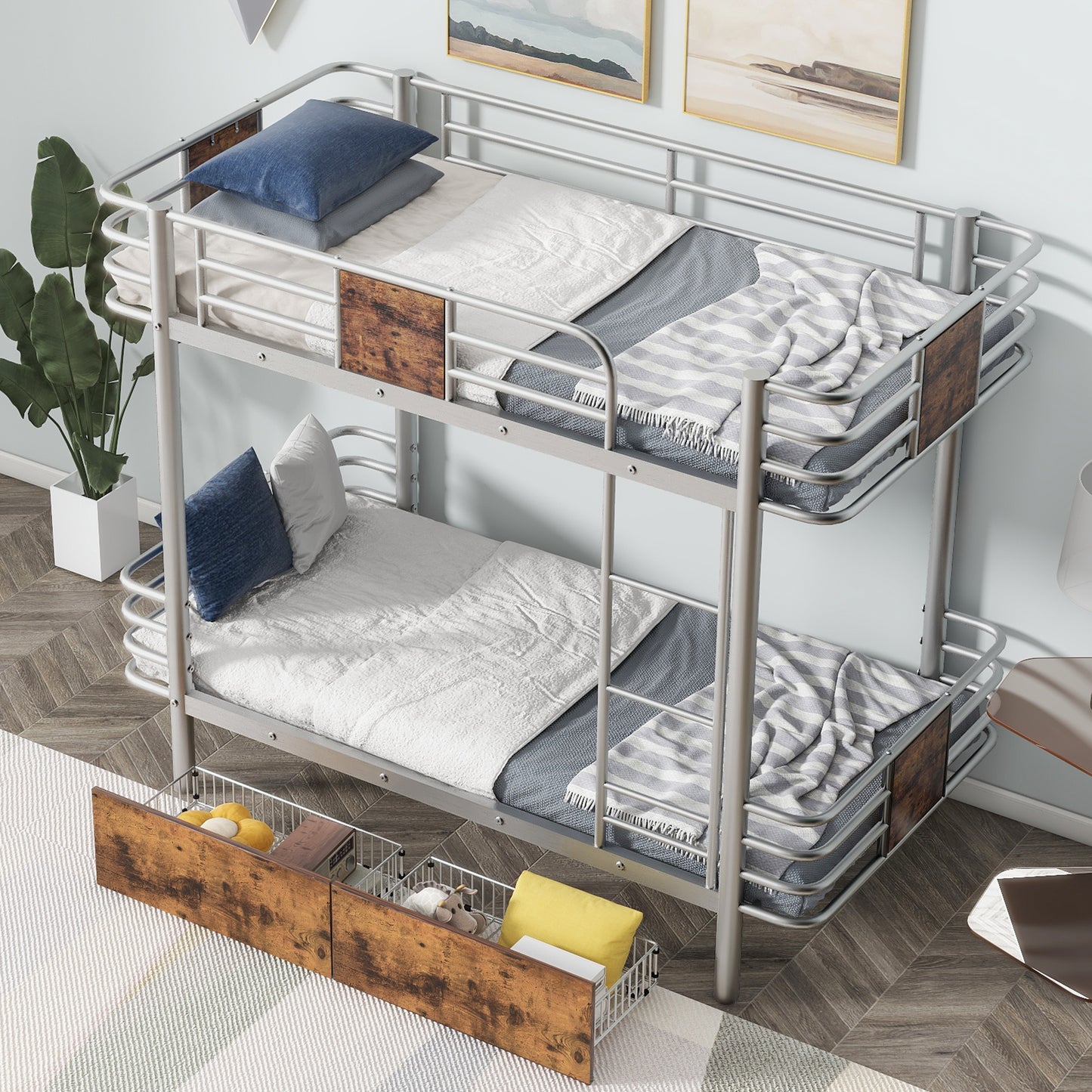 Silver Metal Bunk Bed with Twin XL Storage Drawers and Guardrail