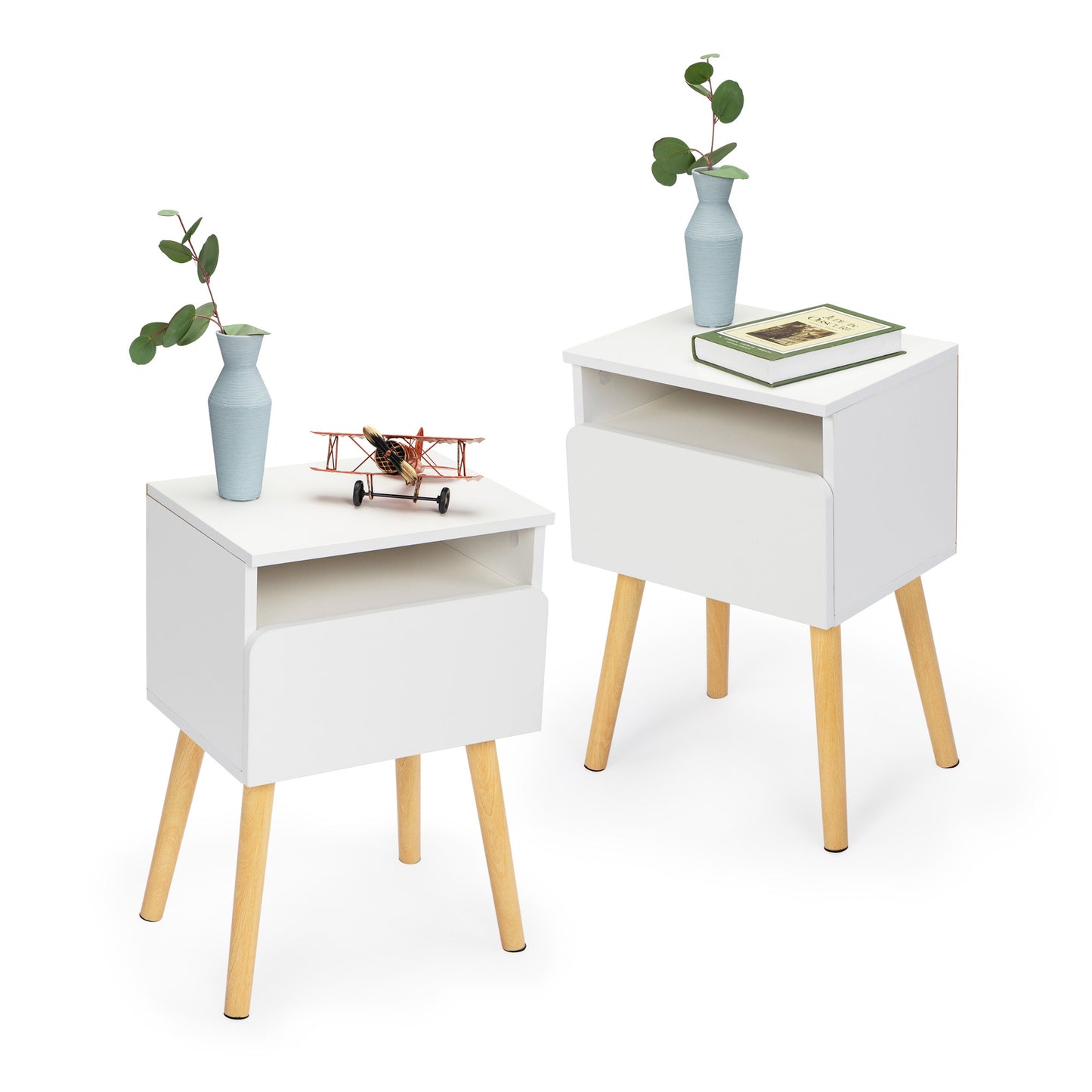 2-piece modern bedside table, bedroom coffee table with drawers, shelves, living room bedside furniture, white