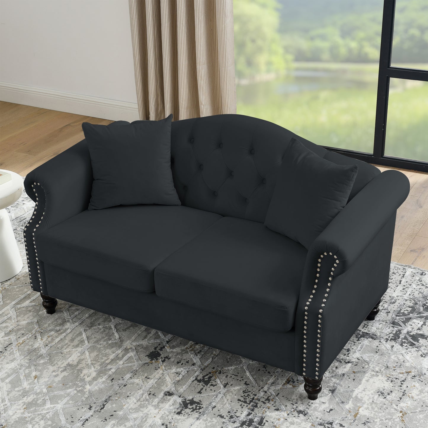 [Video] 79" Chesterfield Sofa Black Velvet for Living Room, 3 Seater Sofa Tufted Couch with Rolled Arms and Nailhead for Living Room, Bedroom, Office, Apartment, 3S+2S