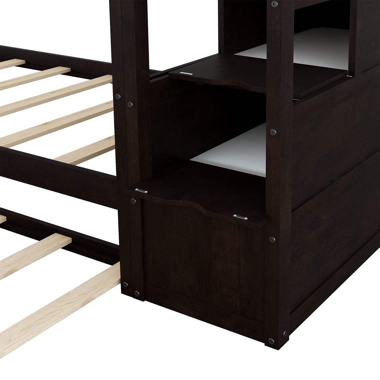 Elegantly Functional Espresso Twin Bunk Bed with Trundle, Stairs, and Storage