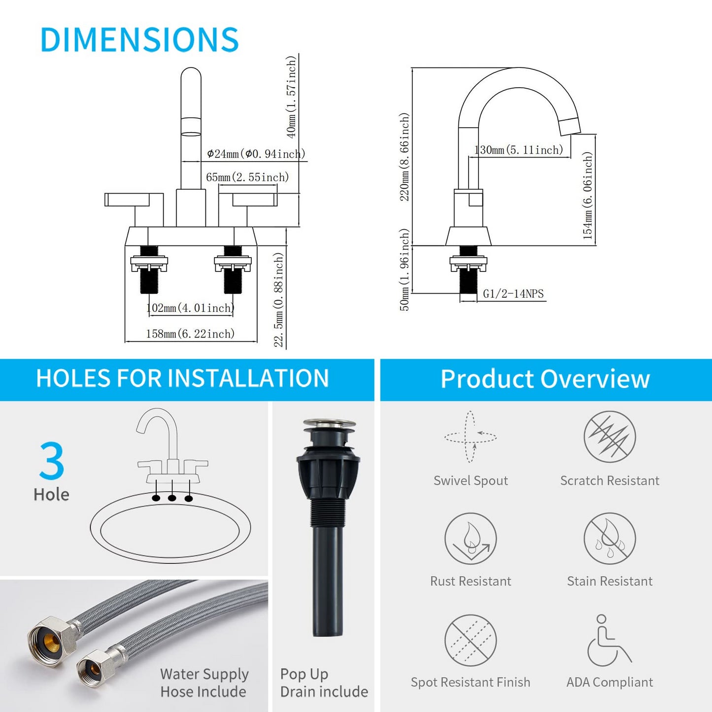 Brushed Nickel Bathroom Faucet with Double Handle Controls