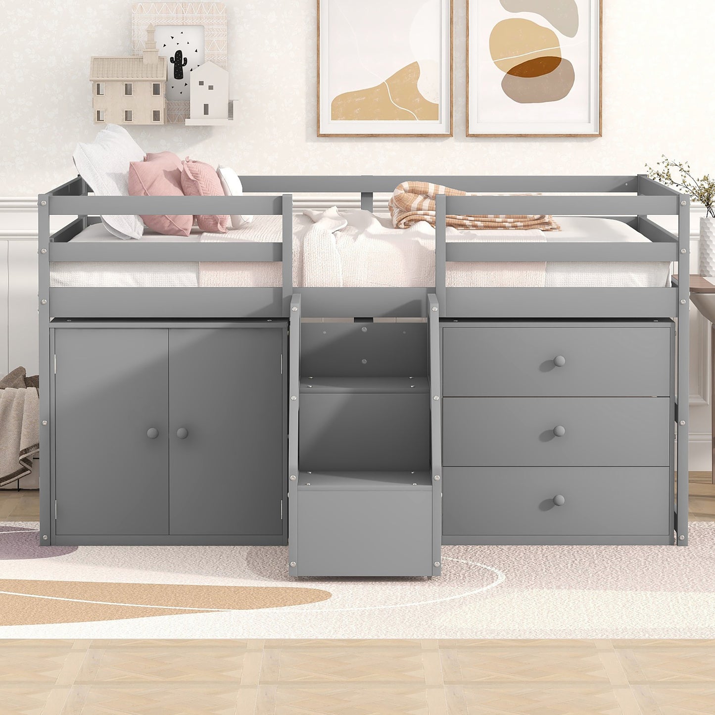 Full Size Functional Loft Bed with Cabinets and Drawers, Hanging Clothes at the back of the Staircase, Gray