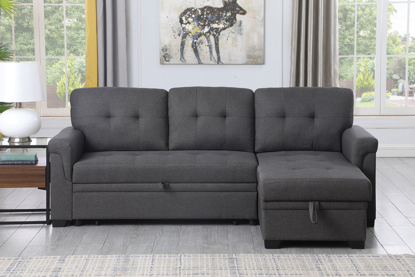 Lucca Dark Gray Linen Sectional Sofa with Reversible Sleeper Chaise and Storage