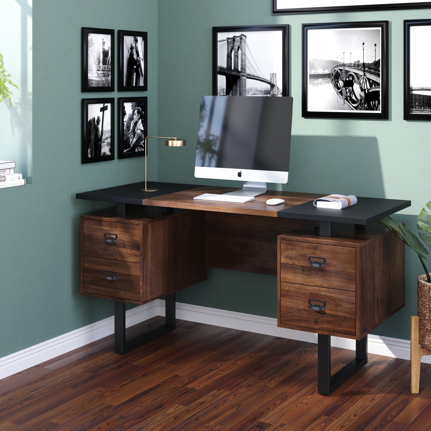 Rustic Brown Solid Wood Computer Desk with 4 Drawers