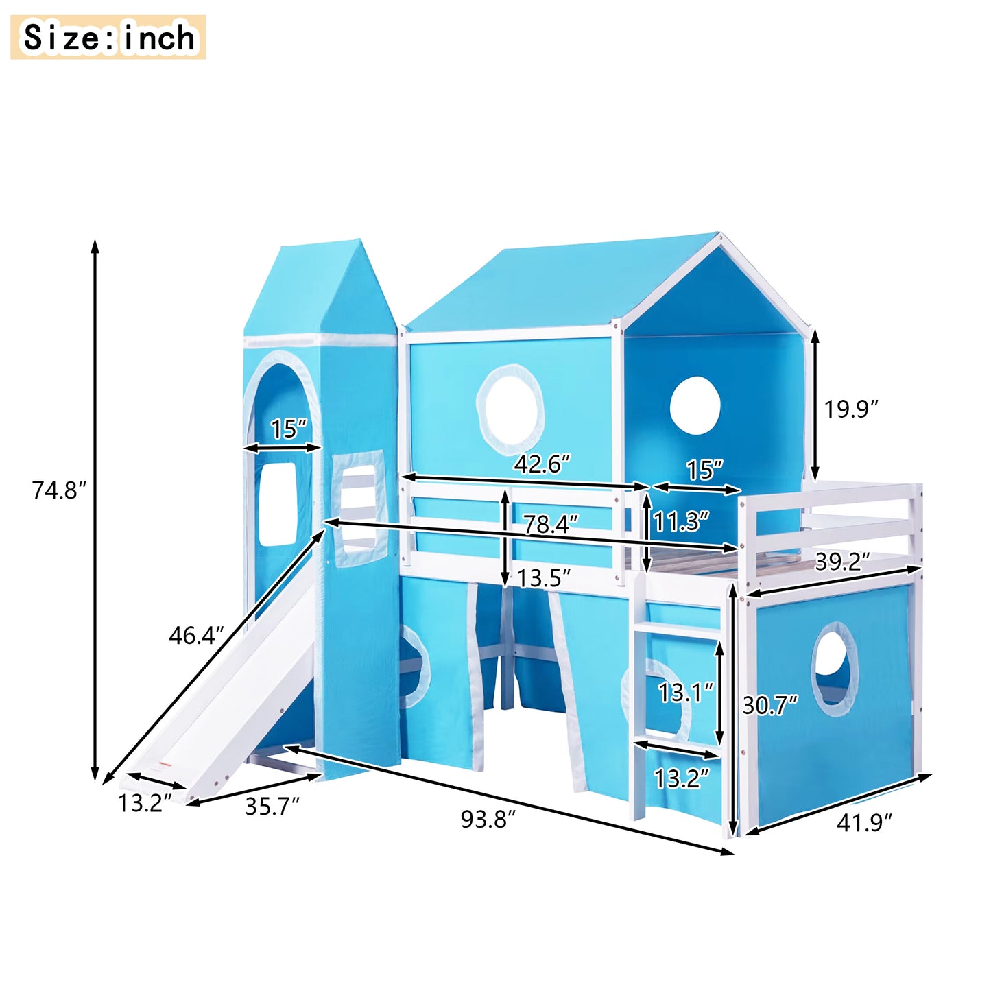 Blue Castle Loft Bed with Slide and Tower for Kids