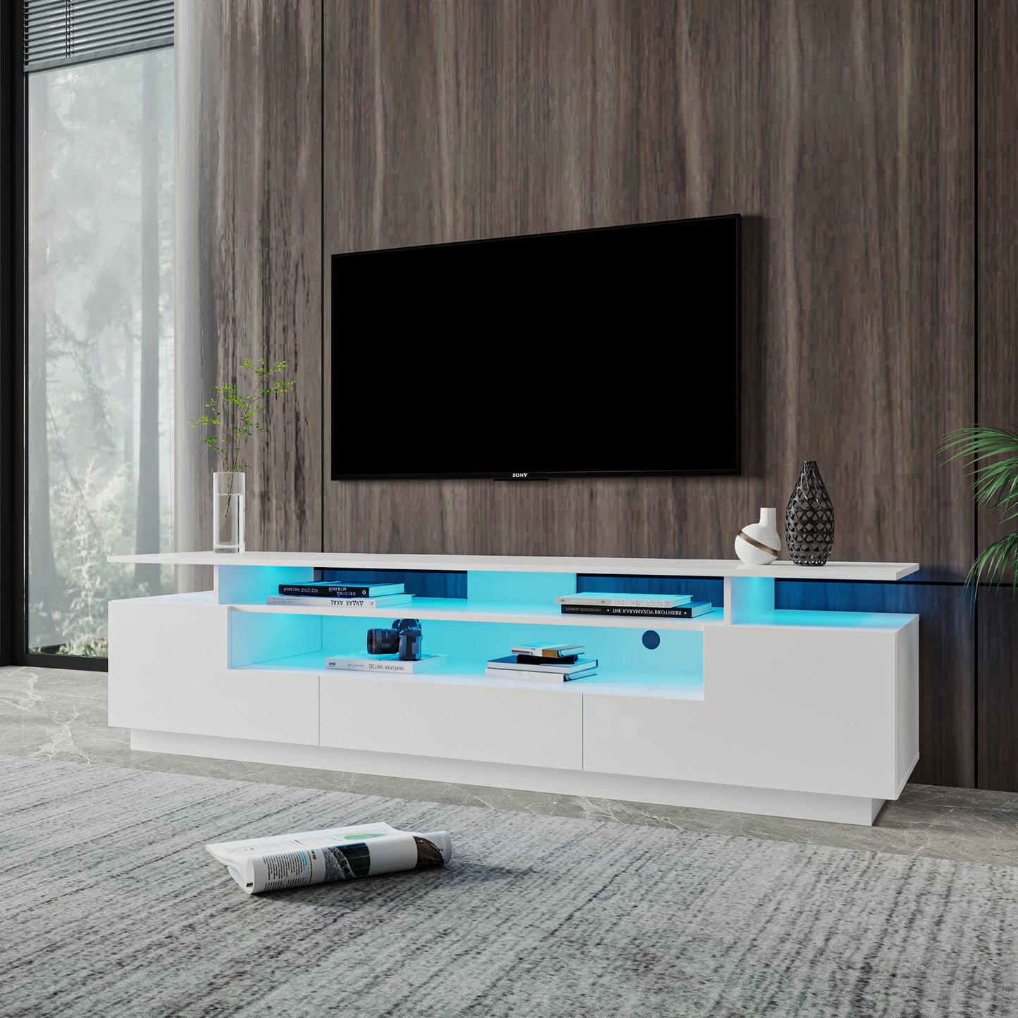 Elegant Modern White TV Stand with 20 Colors LED Lights and Remote Control