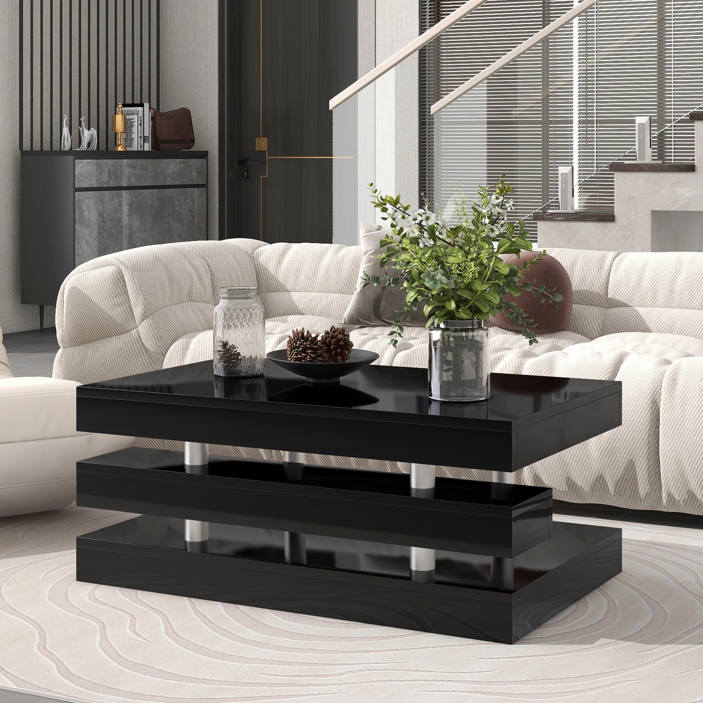 Black Contemporary 2-Tier Coffee Table with Sleek Metal Legs and High-Gloss UV Surface