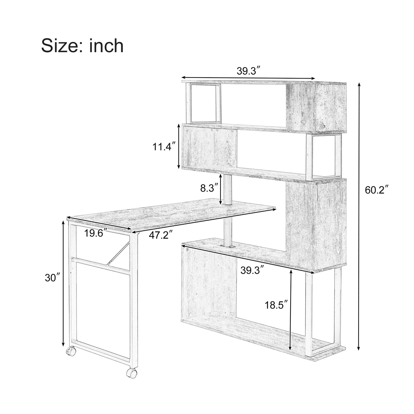 Modern L-Shaped Computer Desk with Rotating Bookshelf - Brown Tiger Wood