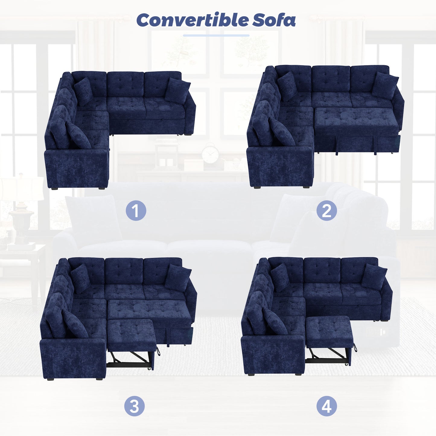 Convertible Navy Blue L-Shape Sleeper Sofa with USB Ports and Power Sockets