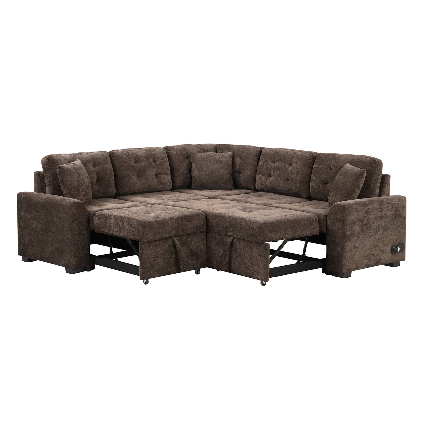 Convertible L-Shape Sleeper Sofa with USB Ports and Power Sockets, Brown