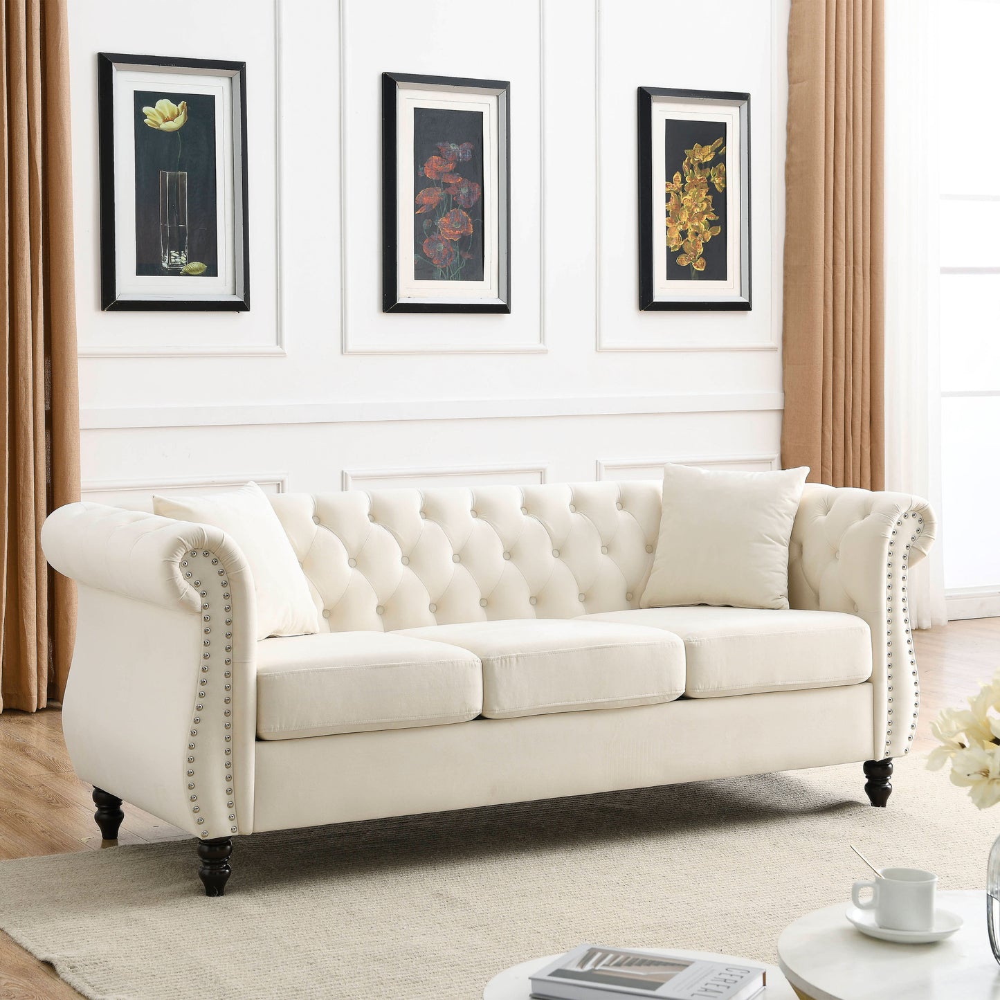 Beige Velvet Chesterfield 3-Seater Sofa Set