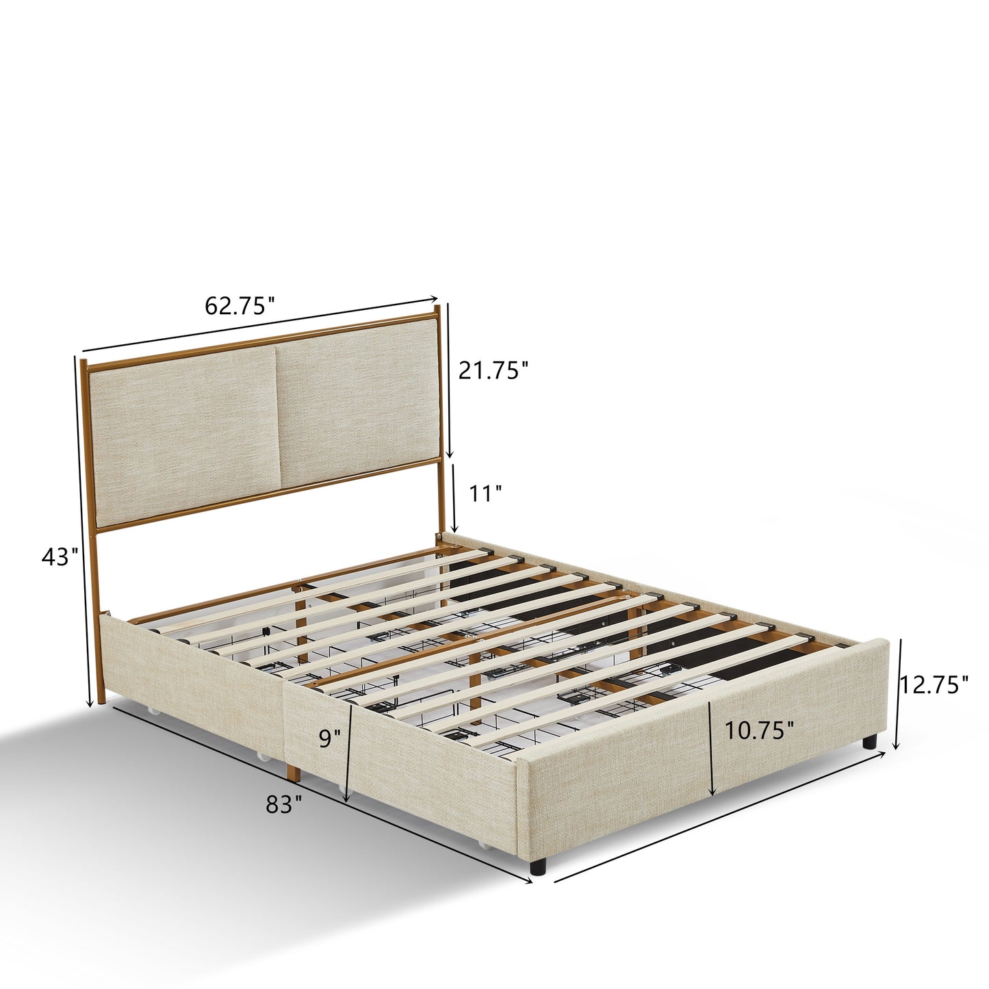 Classic steamed bread shaped backrest, metal frame, solid wood ribs, with four storage drawers, sponge soft bag, comfortable and elegant atmosphere, light Camel, full-size storage bed