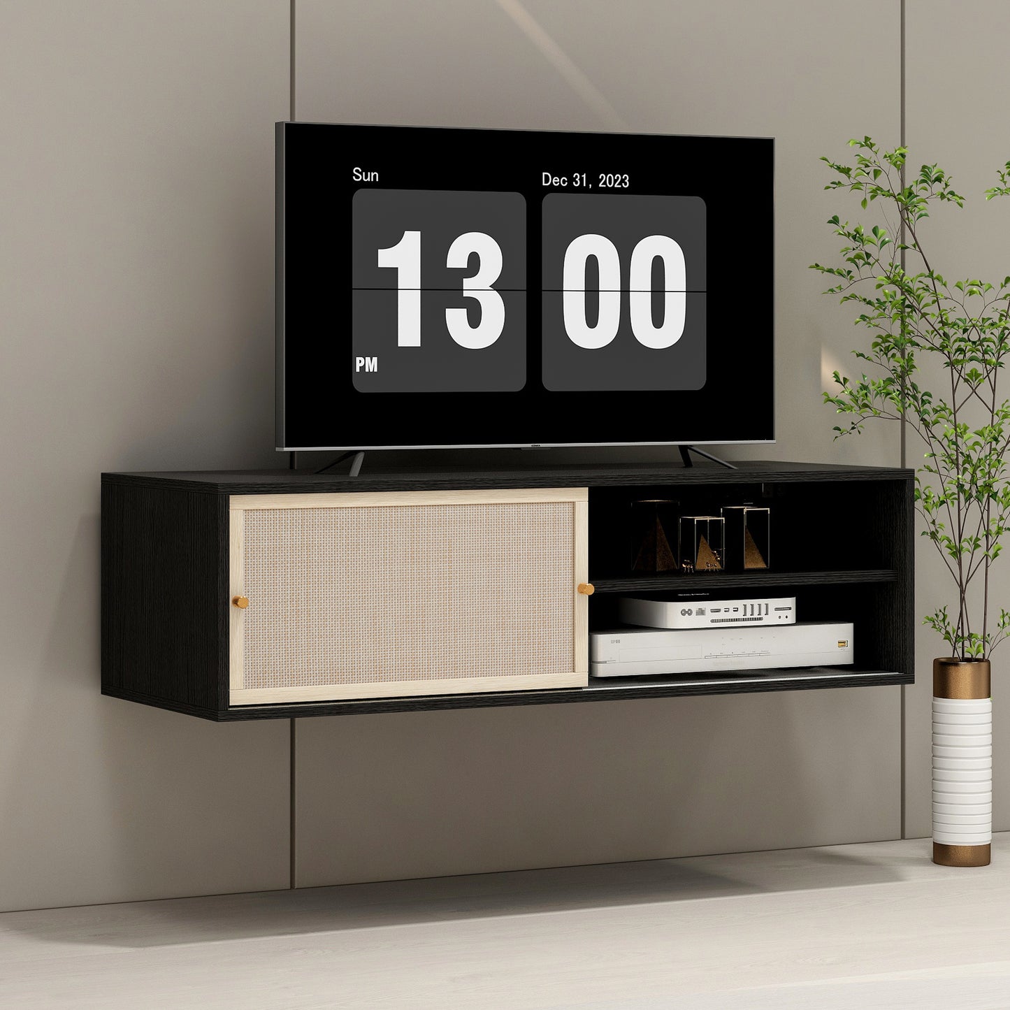 Elegant Wall-Mounted Rattan TV Stand with Storage Options